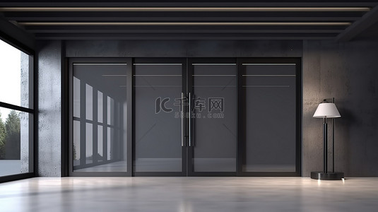 奶茶店门口背景图片_时尚的黑色滑动门，适合当代商店 3D 插图