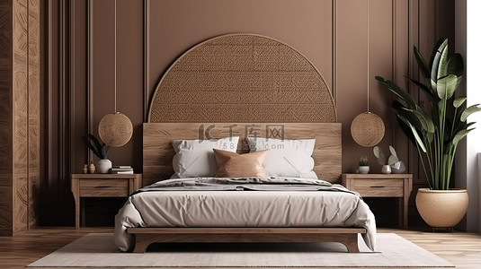 热带主题卧室，配有时尚的弧形床头板定制木床和简约的木制餐具柜 3D 渲染和插图