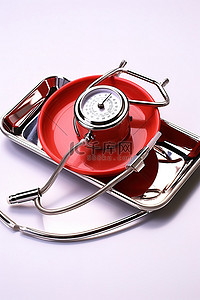 器械器械背景图片_白色背景银托盘内的红色听诊器和血压计
