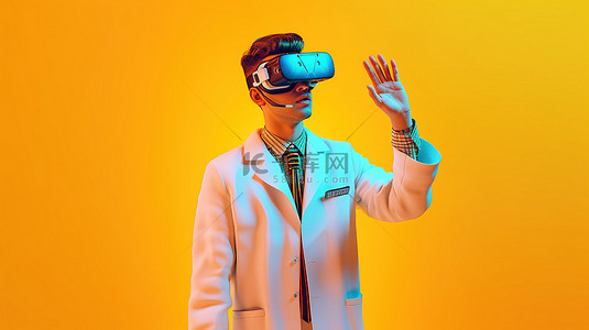 戴着 VR 耳机的医生的有趣 3D 渲染