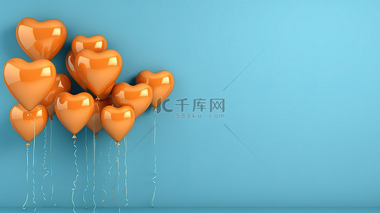 蓝色墙壁水平横幅上的一堆橙色心形气球，带有 3D 插图