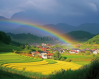 黄色田野和房屋上的彩虹