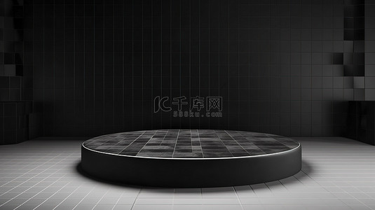 现代室内圆形讲台的时尚 3D 渲染，配有迷你黑色瓷砖