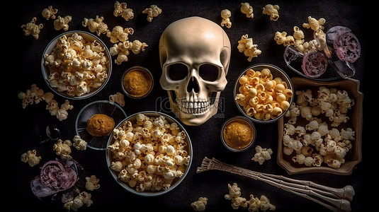 恐怖电影之夜骨架爆米花和 3D 眼镜在万圣节主题设置与黑色背景顶视图