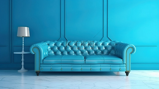 绿色沙发背景图片_配有蓝色沙发的客厅的时尚 3D 渲染