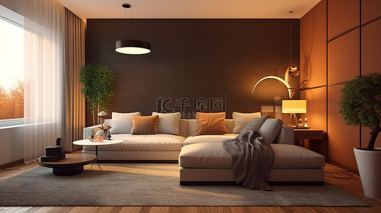 3d窗帘背景图片_3D 渲染的温馨私人住宅客厅