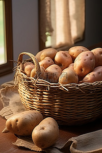 柳条花环背景图片_乡村窗台边的柳条篮里展示着土豆