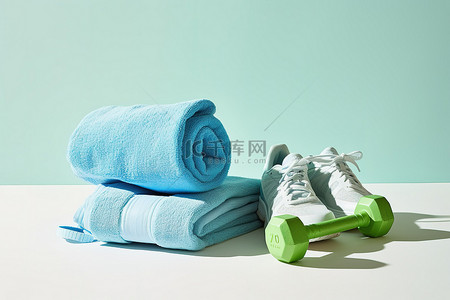 一双蓝色运动鞋绿色哑铃和一条蓝色毛巾