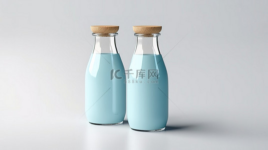 玻璃瓶瓶子样机背景图片_3d 创建的白色背景上带木盖模型的时尚蓝色有机奶瓶
