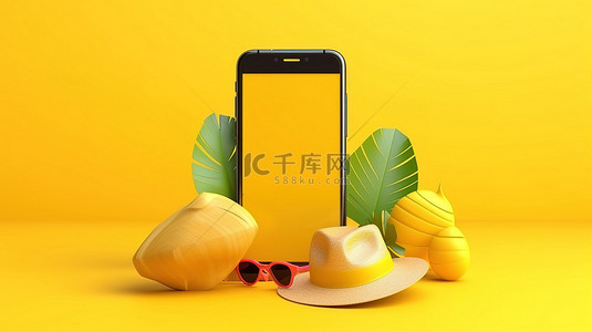 3D 渲染黄色背景，配有带夏季海滩配件的手机