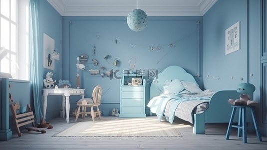 家居卧室背景图片_复古蓝色儿童卧室令人惊叹的 3D 渲染