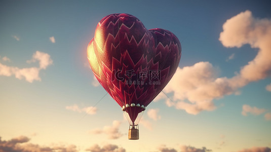 心形热气球在 3D 渲染的爱情插图中