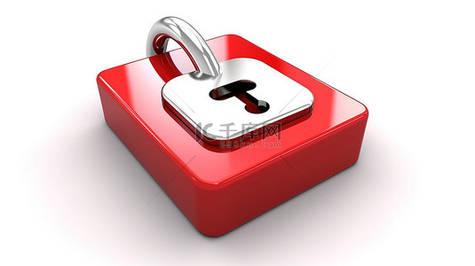 白色按钮钥匙，带有红色挂锁图标，3D 渲染隔离在白色背景上