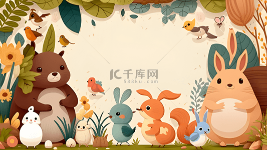 可爱动物卡通边框背景图片_动物花草可爱卡通插画边框