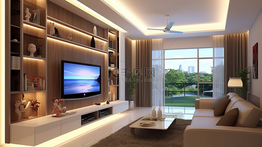 时尚的客厅设计，配有内置照明和 3D 渲染的平板电视