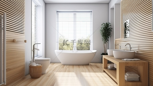 3d 渲染中面向木制浴室和厕所的窗户