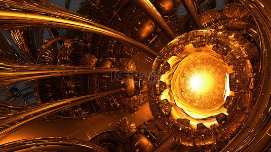 3d 金色宇宙飞船分形令人惊叹的抽象设计，具有金属色调和数学精度