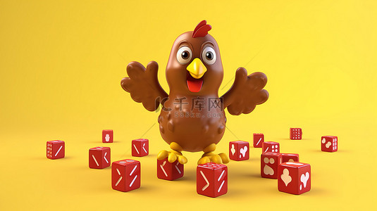 羽毛红色背景图片_黄色背景 3D 渲染鸡蛋吉祥物人，棕色羽毛飞行，手中有红色游戏骰子