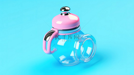 双色调风格粉红色背景，带有 3D 渲染的蓝色婴儿奶瓶和奶嘴