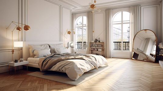 现代卧室中现代白色床米色毯子镜面墙和木地板的别致巴黎风格 3D 渲染