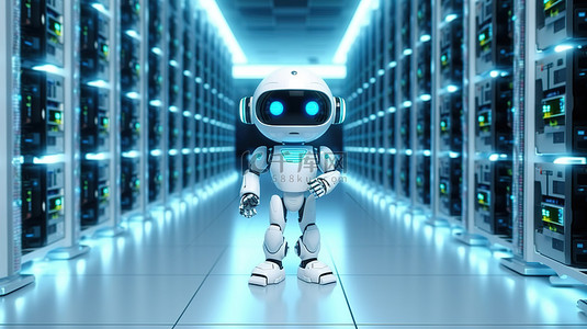 服务器机房自动化可爱的机器人在 3D 渲染中由数字平板电脑辅助
