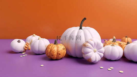 紫色背景，白色和橙色南瓜平铺在 3D 渲染中
