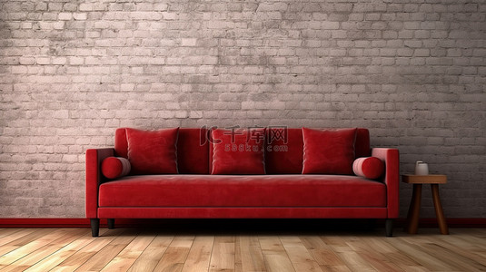 木地板上砖墙背景下红色沙发和枕头的 3D 渲染