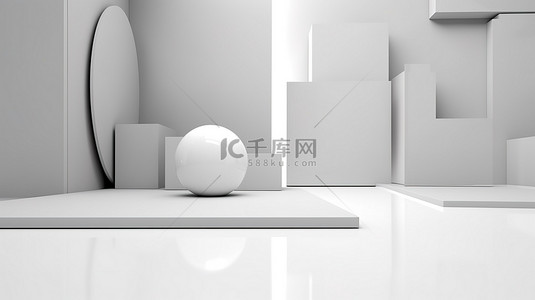 白色和灰色墙壁和地板形状的当代几何极简主义 3D 渲染