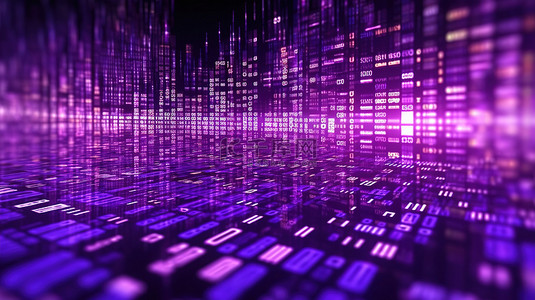 3D 渲染抽象编程背景，呈发光紫色，带有大数据和代码概念的模拟空间