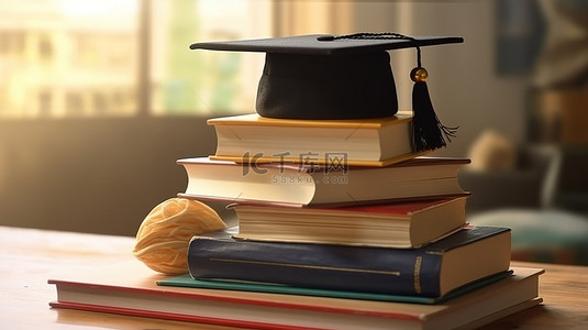 学术胜利一堆书，上面有毕业帽，木桌上有 3D 渲染