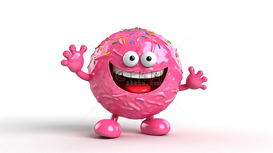 3D 渲染的草莓粉色釉面甜甜圈吉祥物，白色背景上拿着地球