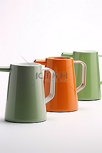 白色马克杯背景背景图片_白色背景中的三个不同颜色的咖啡壶