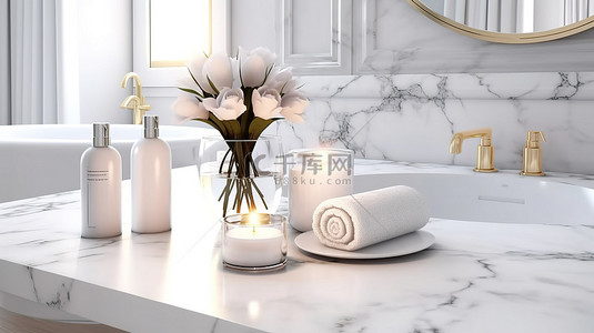 浴室杂乱背景图片_优雅的浴室 3D 渲染，大理石桌面上有模型空间和洗浴用品