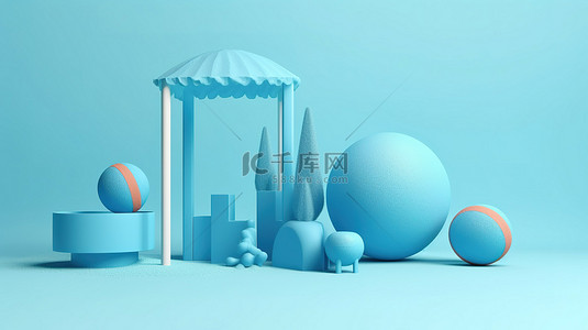 产品展示概念蓝色讲台以夏季海滩为主题，以雨伞游泳圈和沙滩球为特色，以 3D 渲染