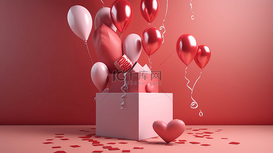 附着在浮动 3D 渲染气球上的情人节礼品盒装饰品