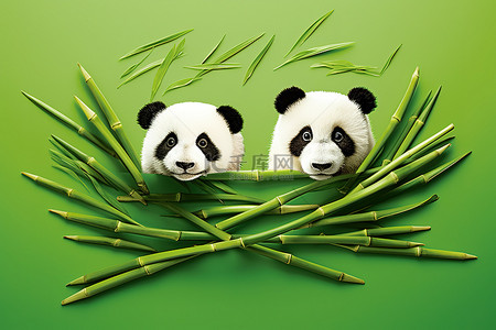 两只用竹子竹棍和竹叶制成的熊猫