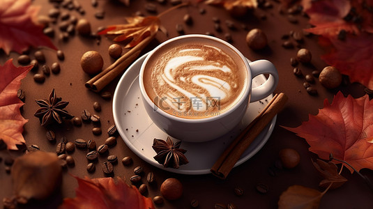 迷人的秋季主题 3D 渲染卡布奇诺，配有浓郁的巧克力和肉桂配料