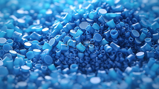 用于 3D 成型的蓝色聚合物树脂塑料颗粒的特写