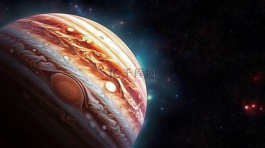 木星在浩瀚的太空中轨道运行 3D 插图