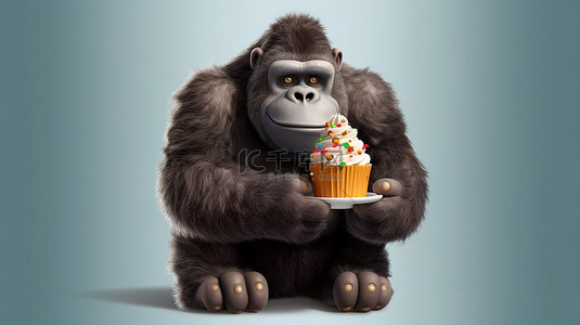 一个幽默的三维大猩猩吉祥物，手里拿着纸杯蛋糕