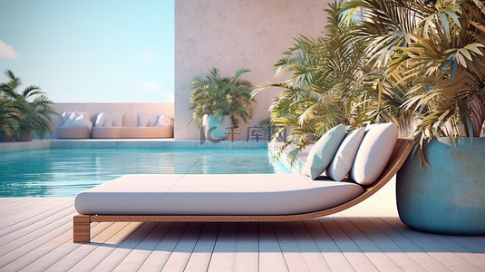 带沙发长凳和游泳池的屋顶休息室露台的精致 3D 渲染