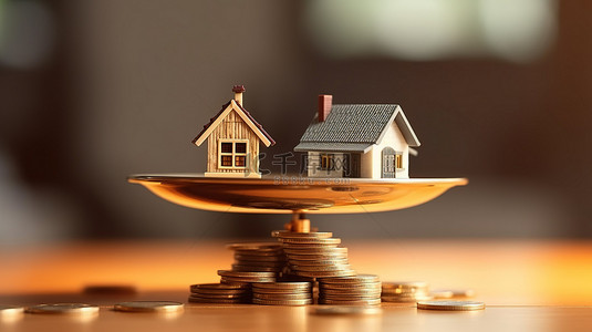 金钱堆背景图片_平衡投资金钱和反映房地产市场的房屋的 3D 渲染