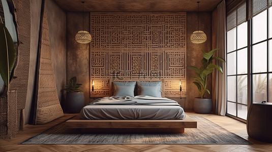 非洲风格的现代卧室内饰令人惊叹的 3D 渲染