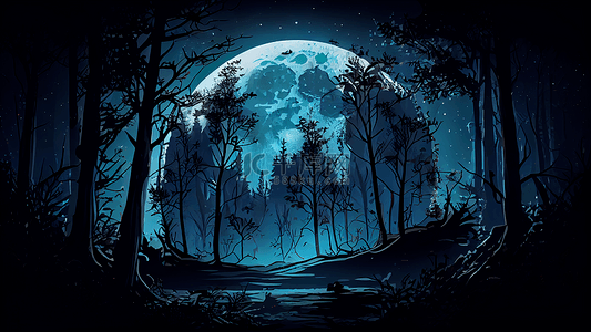 狼剪影背景图片_月亮夜色森林插画背景