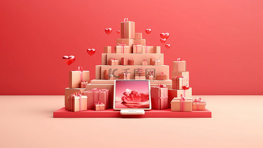 电子商务商店展示智能手机和礼品盒 3D 渲染中在线业务概念的视觉表示