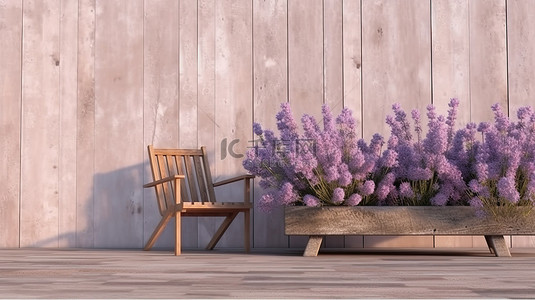 装饰着薰衣草 3D 渲染的木椅，靠在空木板墙的外部