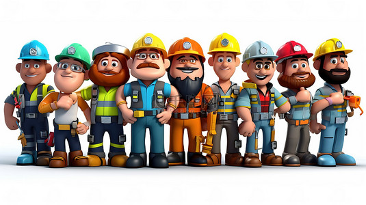 卡通风格 3D 插图显示多元化的劳动力工程师技术人员和建筑工人