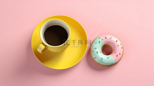 甜食杯背景图片_柔和的黄色 3D 渲染充满活力的甜甜圈和咖啡杯