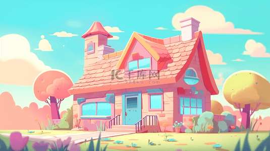 漂亮折线柱形图背景图片_草地粉色房屋可爱卡通房子背景