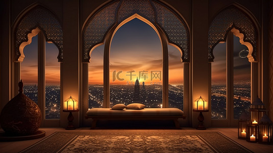 传统阿拉伯房间的 3D 渲染，配有阳台和拱形窗户，可在夜间俯瞰历史悠久的城市景观